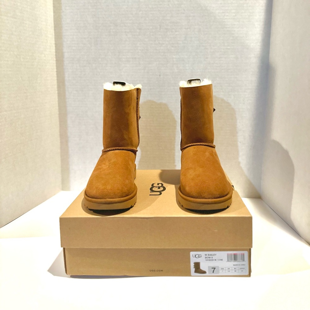 UGG Tan Sheepskin Boots with Ribbon Detail Bailey Bow II